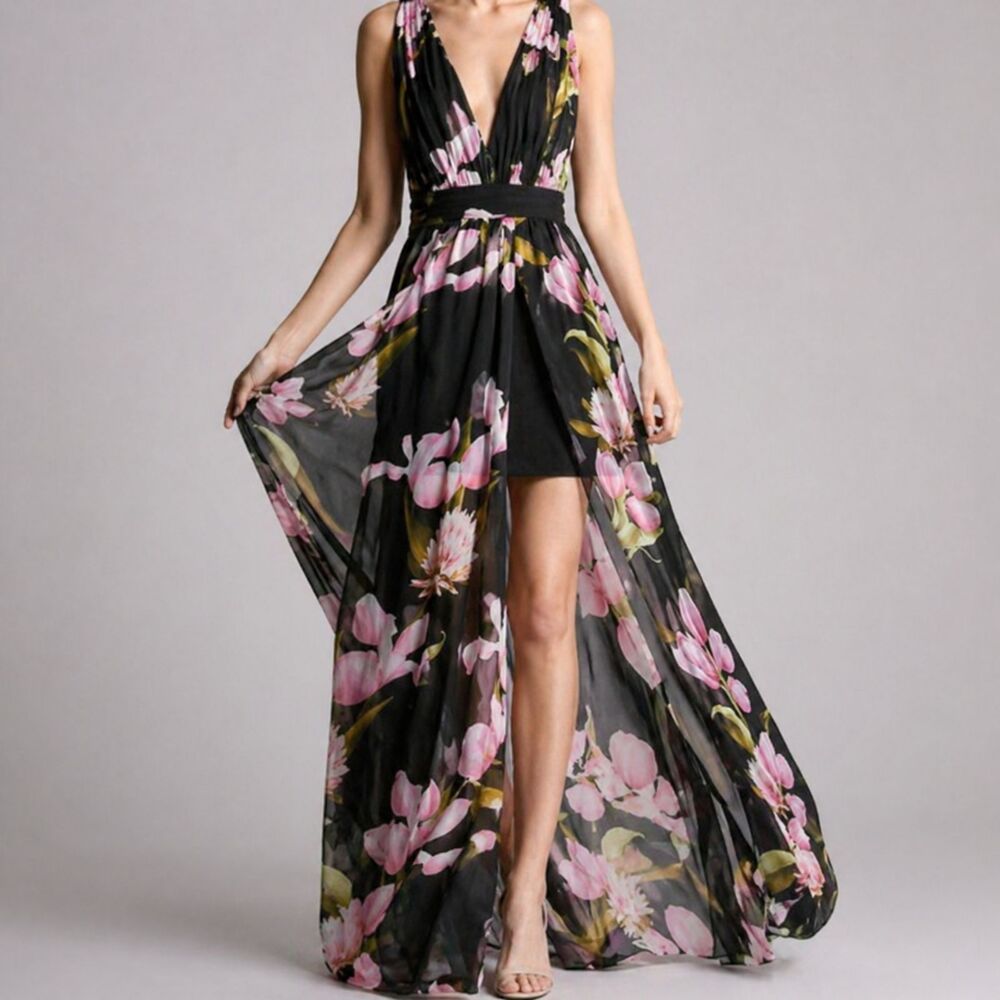 Lulumari Black Floral Maxi Dress Open Back Sheer Skirt Size S